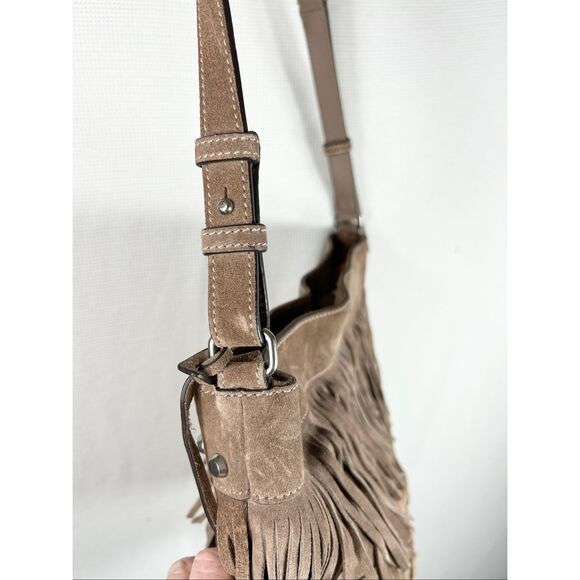 Michael Kors Billy Fringe Boho Crossbody Bag Taupe Suede Studded Western Style - Picture 16 of 16